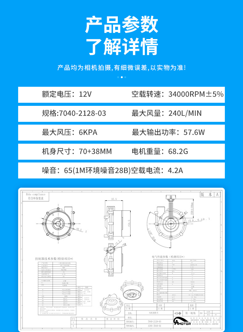 7040无刷风机12 24V无刷直流离心风机